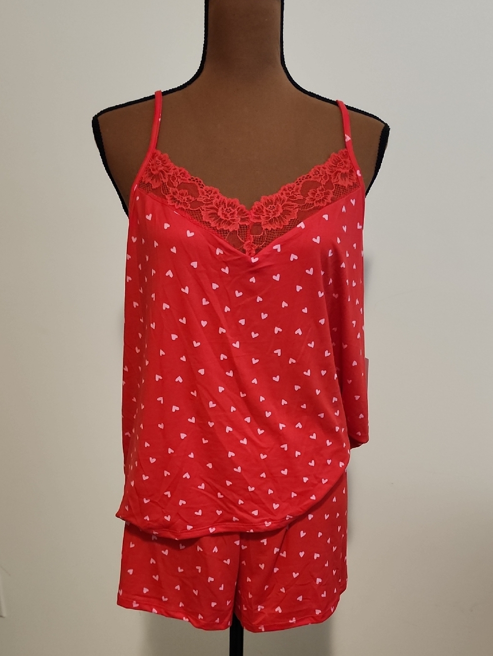 Red Lace Trim Heart-Print Cami & Short Set